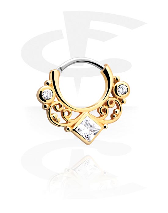 Anéis piercing, Multi-purpose clicker (aço cirúrgico, ouro, acabamento brilhante) com design vintage e pedras de cristal, Aço cirúrgico 316L, Aço cirúrgico 316L banhado a ouro