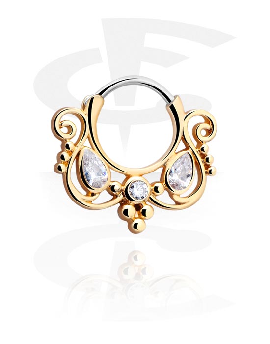 Piercing Rings, Piercing clicker (surgical steel, gold, shiny finish) with vintage design and crystal stones, Surgical Steel 316L, Gold Plated Surgical Steel 316L