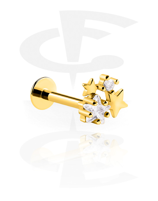 Labrets, Labret à filetage interne avec motif étoile et pierres en cristal, Acier chirugical 316L ,  Plaqué or, Laiton plaqué or