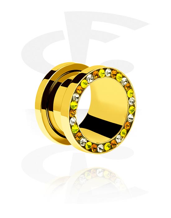 Tunnels & Plugs, Screw-on tunnel (surgical steel, gold, shiny finish) with crystal stones, Gold Plated Surgical Steel 316L