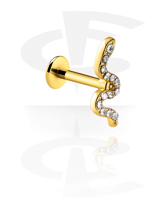 Labrets, Labret (surgical steel, gold, shiny finish) with snake design and crystal stones, Gold Plated Surgical Steel 316L ,  Gold Plated Brass