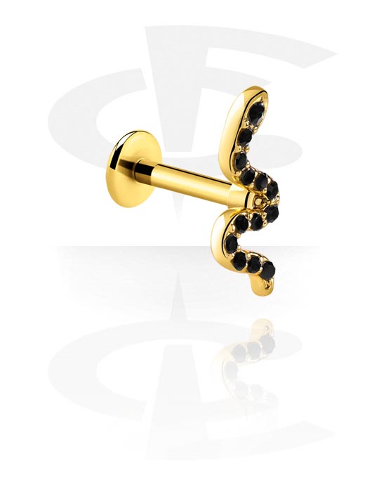 Labrets, Labret (surgical steel, gold, shiny finish) with snake design and crystal stones, Gold Plated Surgical Steel 316L ,  Gold Plated Brass