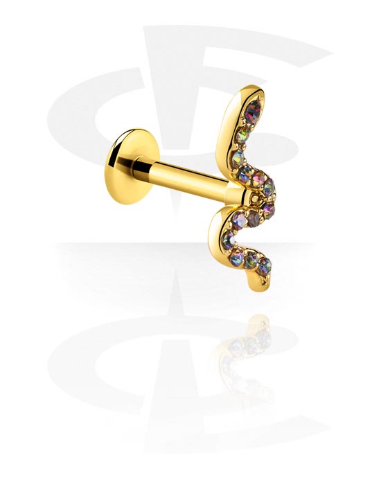 Labrets, labret (aço cirúrgico, ouro, acabamento brilhante) com design serpente e pedras de cristal, Aço cirúrgico 316L banhado a ouro ,  Latão banhado a ouro