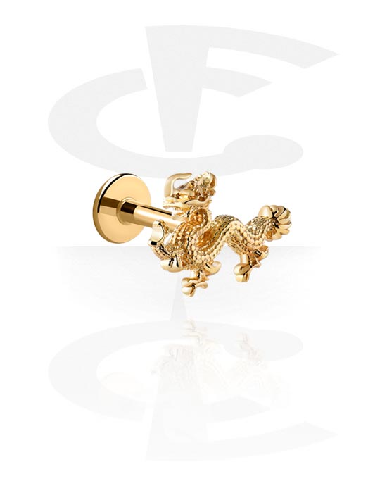 Labrets, labret (aço cirúrgico, ouro, acabamento brilhante) com design dragão, Aço cirúrgico 316L banhado a ouro, Latão banhado a ouro