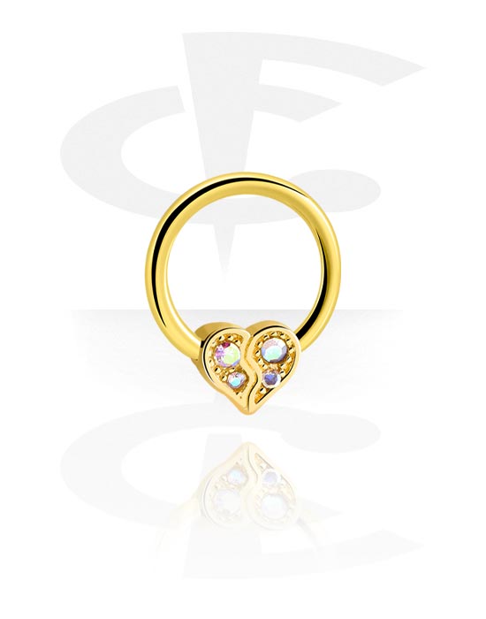 Piercing Rings, Ball closure ring (surgical steel, silver, shiny finish) with heart attachment and crystal stones, Gold Plated Surgical Steel 316L ,  Gold Plated Brass