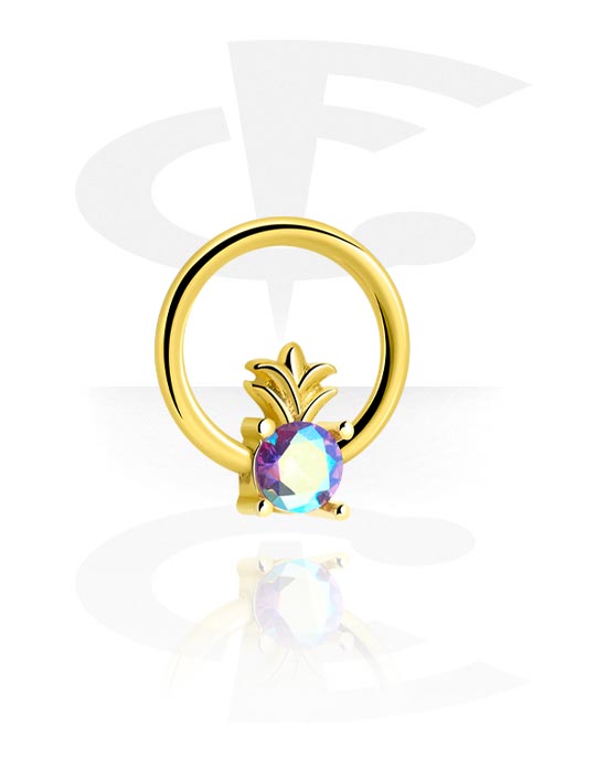 Piercing Rings, Ball closure ring (surgical steel, silver, shiny finish) with pineapple design and crystal stone, Gold Plated Surgical Steel 316L ,  Gold Plated Brass