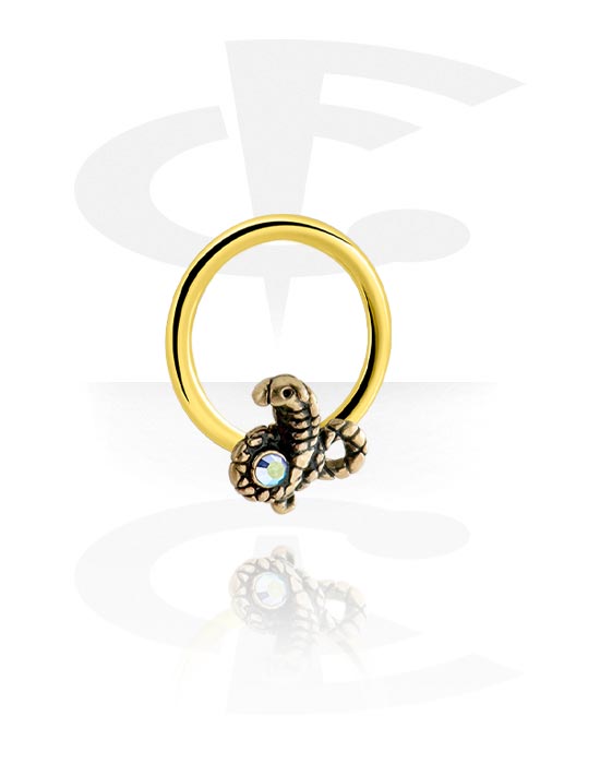 Piercing Rings, Ball closure ring (surgical steel, silver, shiny finish) with snake design and crystal stone, Gold Plated Surgical Steel 316L ,  Gold Plated Brass