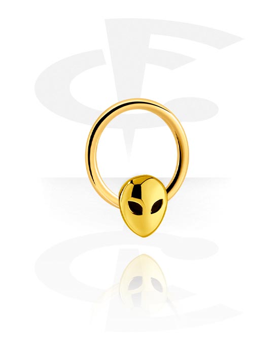 Anéis piercing, Ball closure ring (aço cirúrgico, prata, acabamento brilhante) com alien design, Aço cirúrgico 316L banhado a ouro ,  Latão banhado a ouro