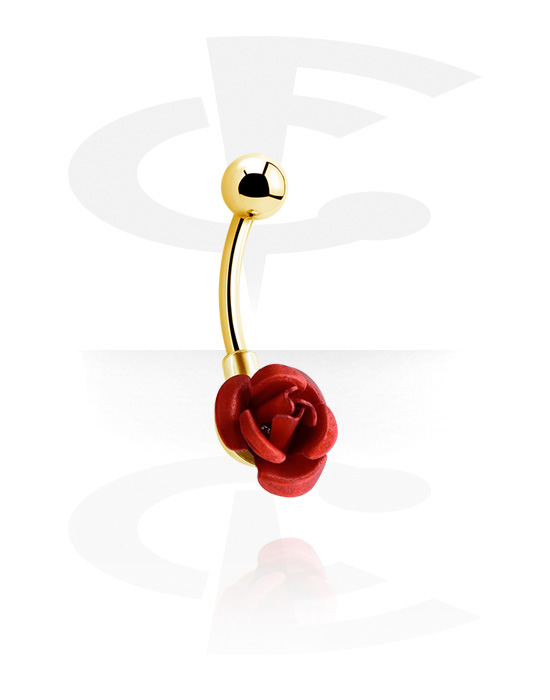 Curved Barbells, Belly button ring (surgical steel, gold, shiny finish) with rose design, Gold Plated Surgical Steel 316L
