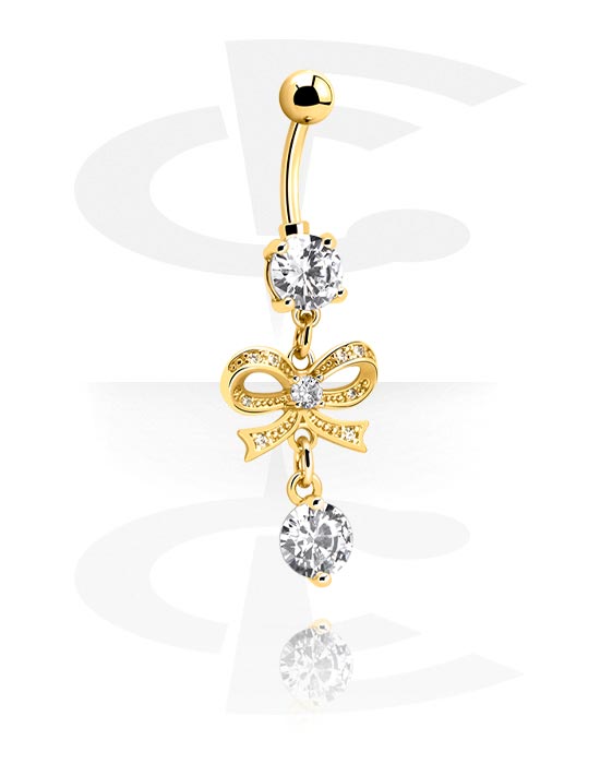 Curved Barbells, Belly button ring (surgical steel, gold, shiny finish) with bow charm and crystal stones, Gold Plated Surgical Steel 316L