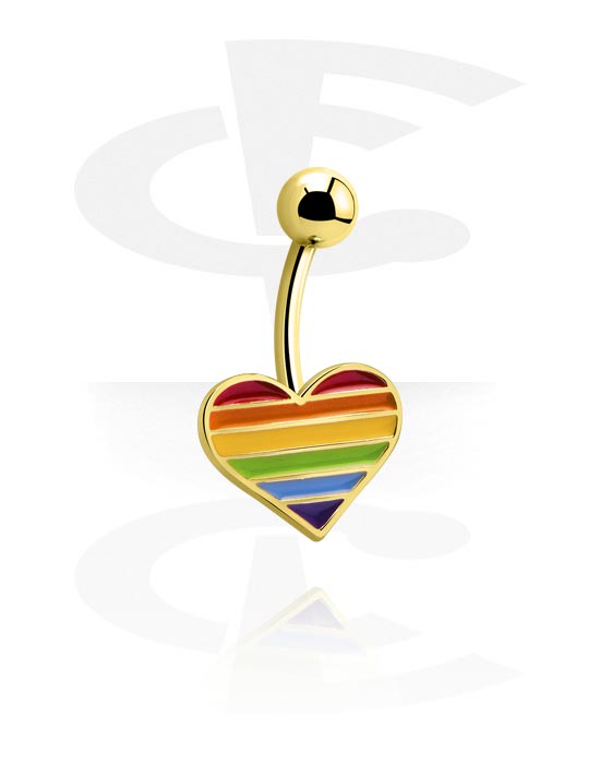 Curved Barbells, Belly button ring (surgical steel, gold, shiny finish) with heart design and rainbow colours, Gold Plated Surgical Steel 316L