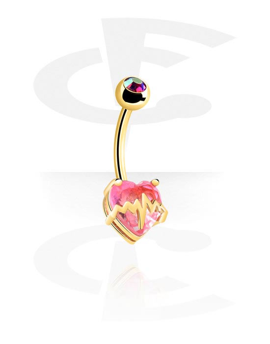 Curved Barbells, Belly button ring (surgical steel, silver, shiny finish) with heart attachment and crystal stones, Gold Plated Surgical Steel 316L, Surgical Steel 316L