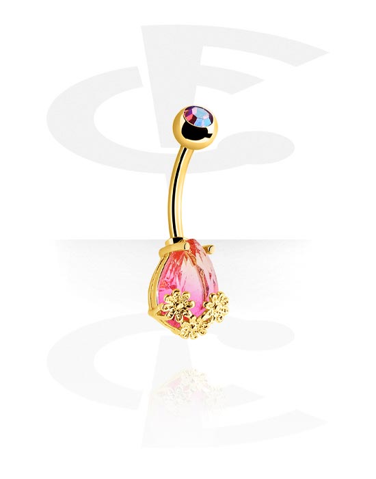 Curved Barbells, Belly button ring (surgical steel, gold, shiny finish) with crystal stone, Gold Plated Surgical Steel 316L