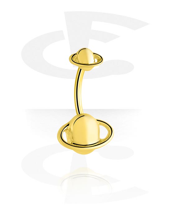 Curved Barbells, Belly button ring (surgical steel, gold, shiny finish) with planet design, Gold Plated Surgical Steel 316L