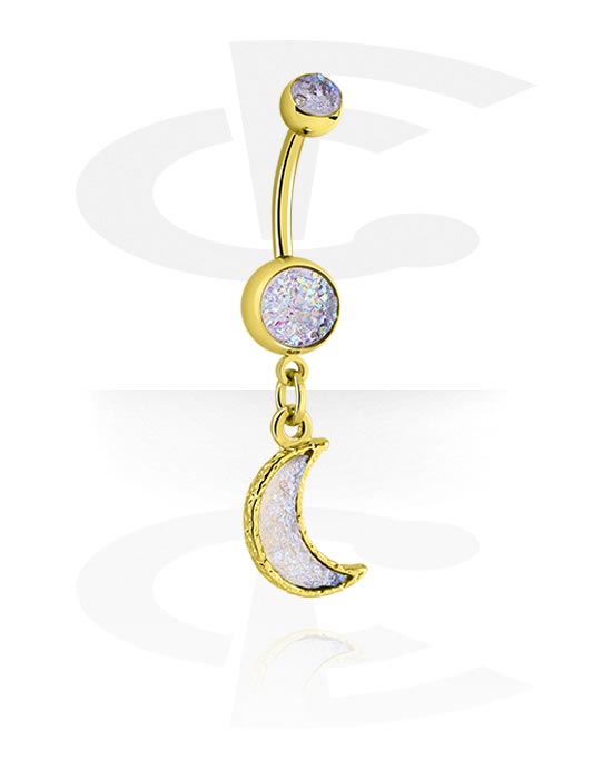 Curved Barbells, Belly button ring (surgical steel, gold, shiny finish) with half moon charm, Gold Plated Surgical Steel 316L