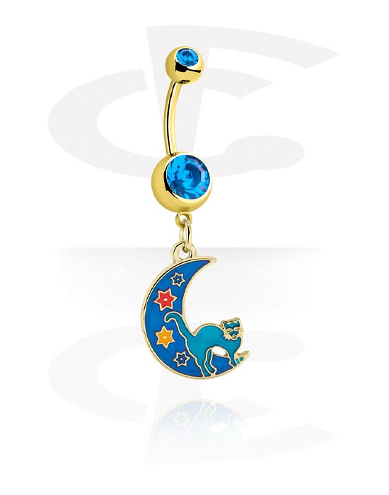 Curved Barbells, Belly button ring (surgical steel, gold, shiny finish) with moon charm and crystal stones, Gold Plated Surgical Steel 316L