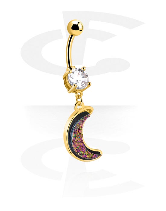 Curved Barbells, Belly button ring (surgical steel, gold, shiny finish) with half moon charm and crystal stone, Gold Plated Surgical Steel 316L, Gold Plated Brass