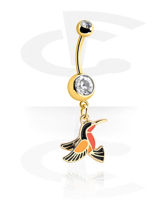 Curved Barbells, Belly button ring (surgical steel, gold, shiny finish) with bird charm and crystal stones, Gold Plated Surgical Steel 316L, Gold Plated Brass