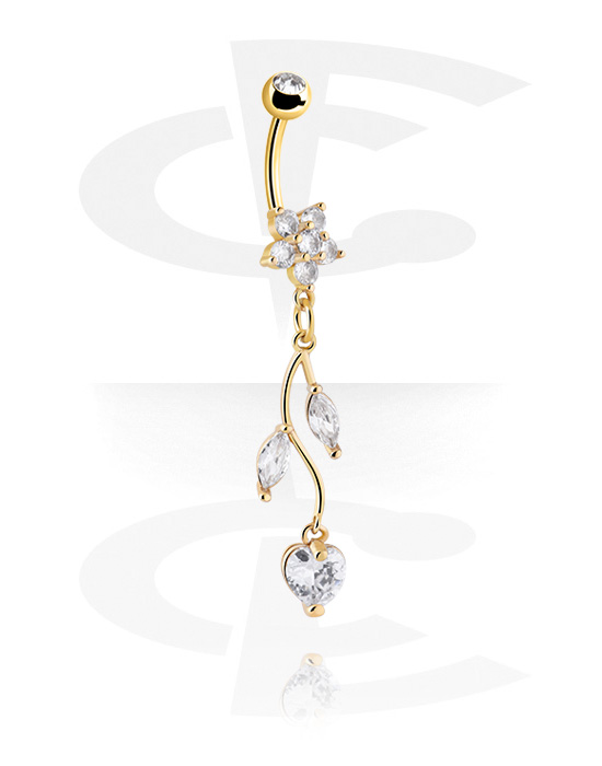 Curved Barbells, Belly button ring (surgical steel, gold, shiny finish) with flower design and crystal stones, Gold Plated Surgical Steel 316L, Gold Plated Brass