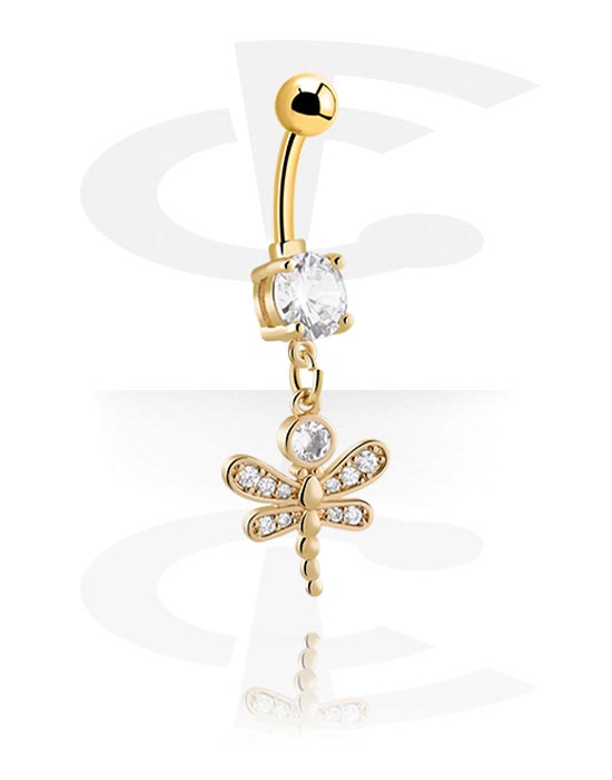 Curved Barbells, Belly button ring (surgical steel, gold, shiny finish) with crystal stones and charm, Gold Plated Surgical Steel 316L, Gold Plated Brass