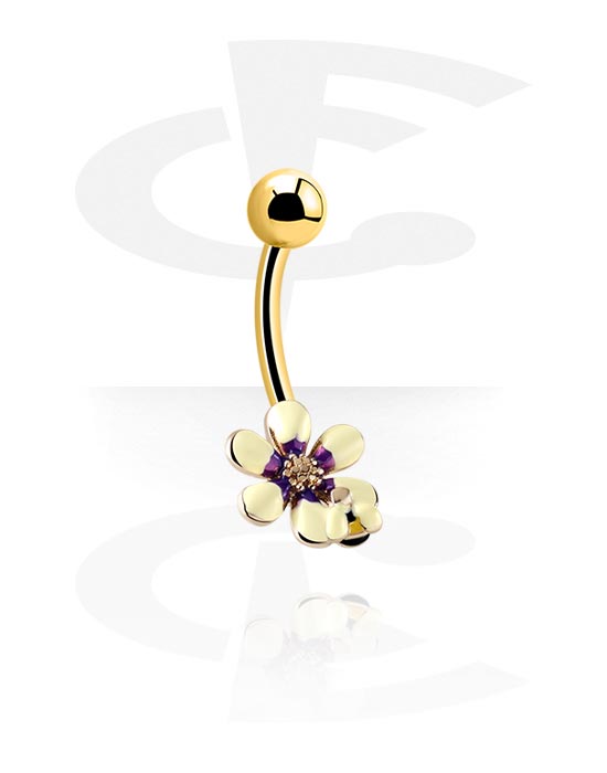 Zahnuté činky, Kroužek do pupíku (chirurgická ocel, zlatá, lesklý povrch) s designem květina, Pozlacená chirurgická ocel 316L, Pozlacená mosaz
