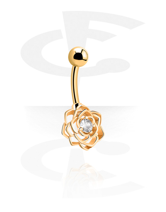 Zahnuté činky, Kroužek do pupíku (chirurgická ocel, zlatá, lesklý povrch) s designem květina a krystalovým kamínkem, Pozlacená chirurgická ocel 316L, Pozlacená mosaz