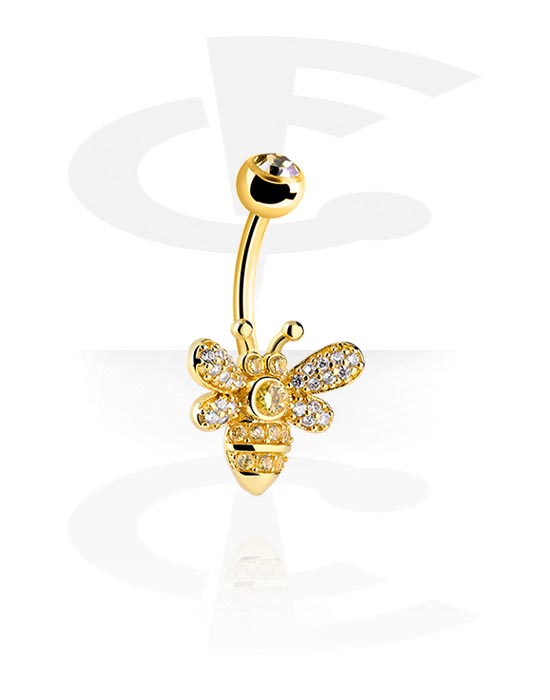 Curved Barbells, Belly button ring (surgical steel, gold, shiny finish) with bee design and crystal stones, Gold Plated Surgical Steel 316L ,  Gold Plated Brass