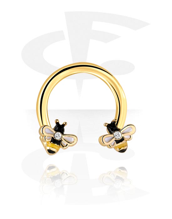 Circular Barbells, Circular Barbell with bee design and crystal stones, Gold Plated Surgical Steel 316L, Gold Plated Brass