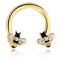 Kruhové činky, Kruhová činka s designem včela a krystalovými kamínky, Pozlacená chirurgická ocel 316L, Pozlacená mosaz
