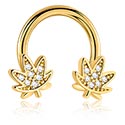 Circular Barbells, Circular Barbell with Marijuana leaf and crystal stones, Gold Plated Surgical Steel 316L ,  Gold Plated Brass
