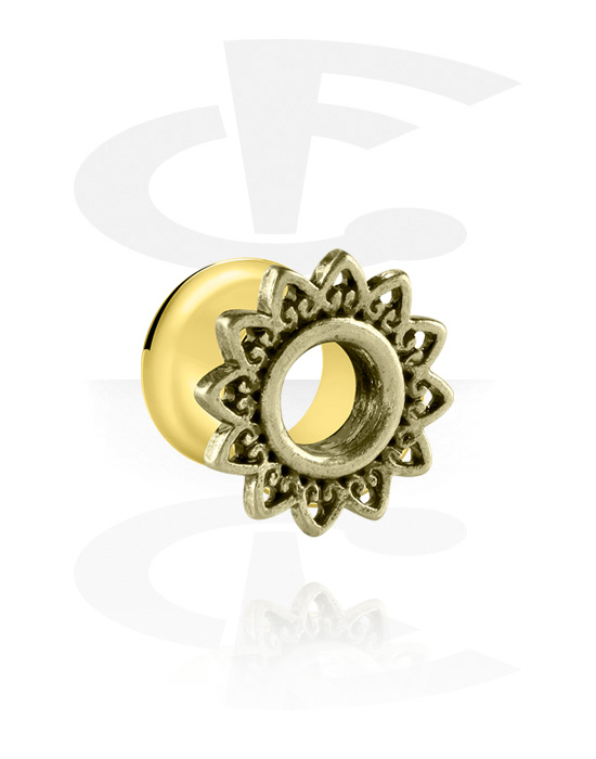Tunnels & Plugs, Double flared tunnel (surgical steel, gold, shiny finish) with vintage design, Gold Plated Surgical Steel 316L