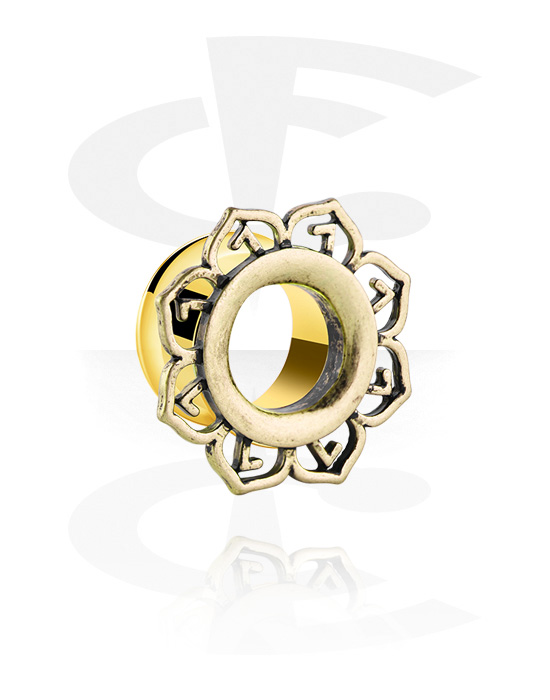 Tunnels & Plugs, Double flared tunnel (surgical steel, gold, shiny finish) with vintage design, Gold Plated Surgical Steel 316L
