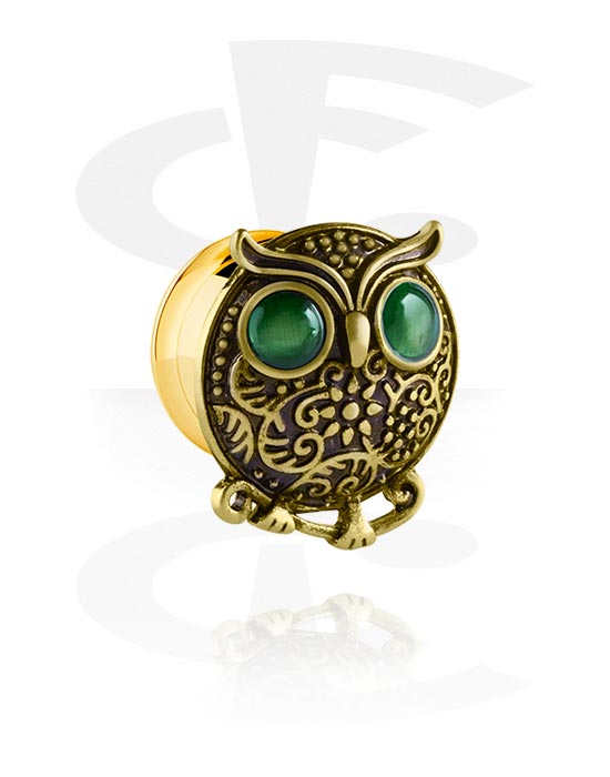 Tunnels & Plugs, Double flared tunnel (surgical steel, gold, shiny finish) with owl atttachment, Gold Plated Surgical Steel 316L