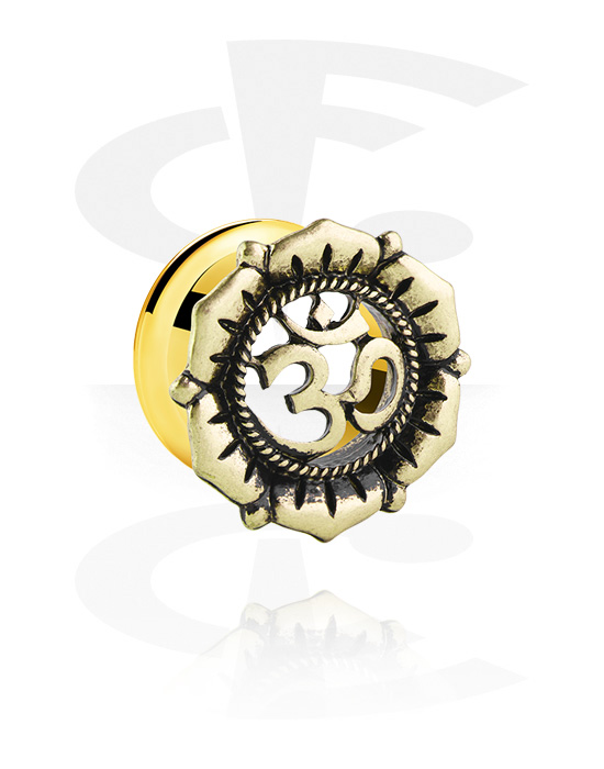 Tunnels & Plugs, Double flared tunnel (surgical steel, gold, shiny finish) with "Om" sign, Gold Plated Surgical Steel 316L