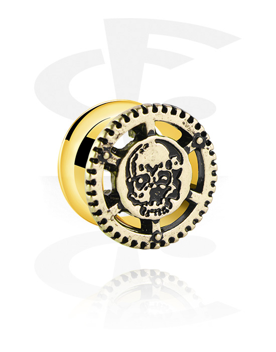 Tunnels & Plugs, Double flared tunnel (surgical steel, gold, shiny finish) with steampunk attachment and skull design, Gold Plated Surgical Steel 316L
