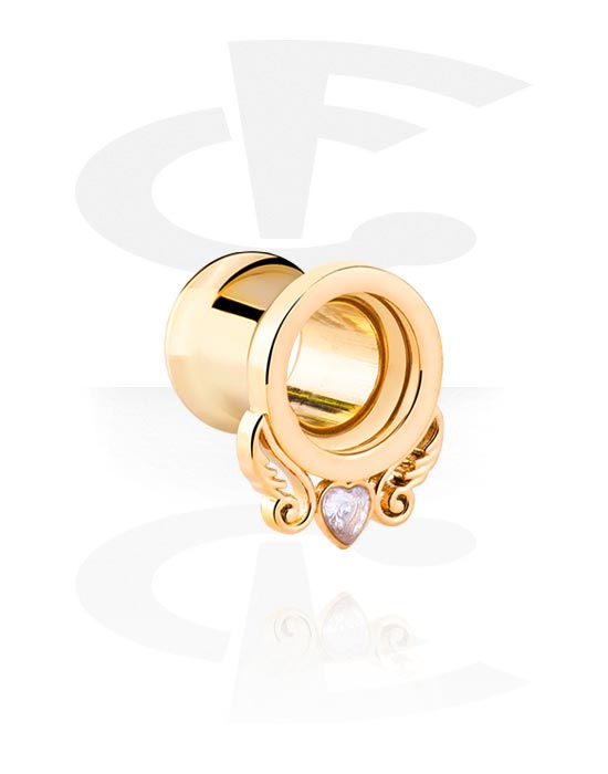 Tunnels & Plugs, Double flared tunnel (surgical steel, gold, shiny finish) with heart design and crystal stone, Gold Plated Surgical Steel 316L