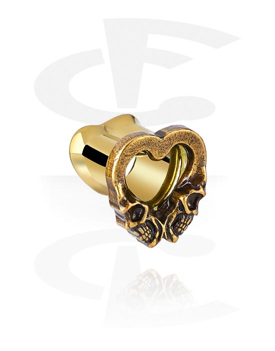 Tunnels & Plugs, Heart-shaped double flared tunnel (surgical steel, gold, shiny finish) with skull design, Gold Plated Surgical Steel 316L