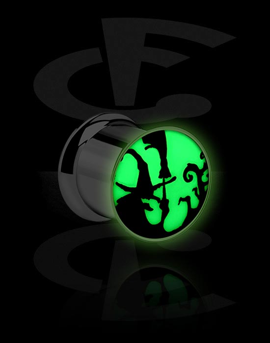 Tunnels og plugs, "Glow in the dark" double flared plug (surgical steel, silver, shiny finish), Kirurgisk stål 316L