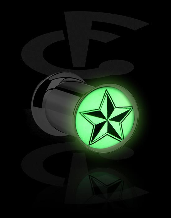 Tunnels & Plugs, "Glow in the dark" double flared tunnel (surgical steel, silver, shiny finish) with star design, Surgical Steel 316L