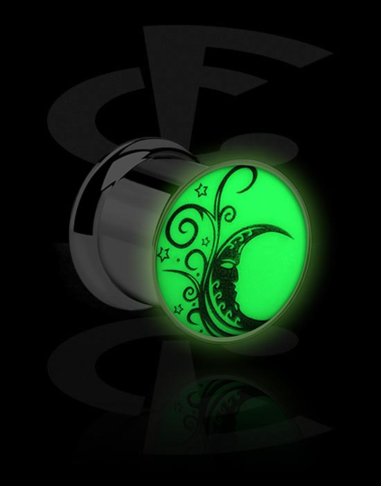 Tunnels & Plugs, "Glow in the dark" double flared tunnel (surgical steel, silver, shiny finish) with moon design, Surgical Steel 316L
