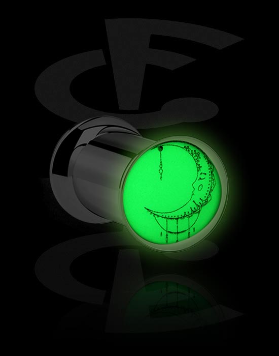 Tunnels & Plugs, "Glow in the dark" tunnel (surgical steel, silver, shiny finish) met maan-motief, Chirurgisch staal 316L
