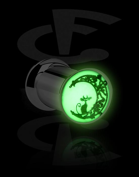 Tunnels & Plugs, "Glow in the dark" tunnel (surgical steel, silver, shiny finish) with motif "cat on the moon", Surgical Steel 316L