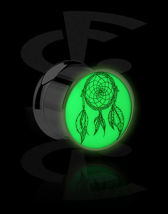 Tunnels & Plugs, "Glow in the dark" double flared tunnel (surgical steel, silver, shiny finish) with dreamcatcher design, Surgical Steel 316L
