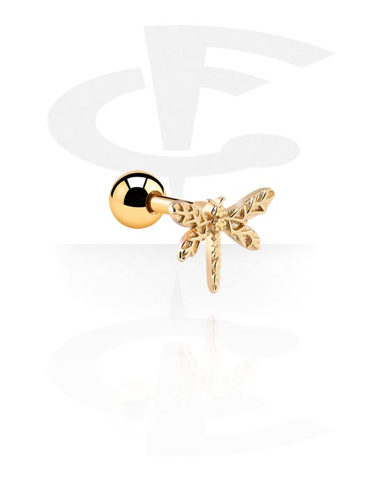 Helix & Tragus, Tragus Piercing with dragonfly design, Gold Plated Surgical Steel 316L, Gold Plated Brass