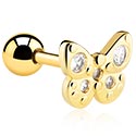 Helix & Tragus, Tragus Piercing with butterfly design and crystal stones, Gold Plated Surgical Steel 316L ,  Gold Plated Brass