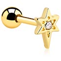 Helix & Tragus, Tragus Piercing with star design and crystal stones, Gold Plated Surgical Steel 316L ,  Gold Plated Brass
