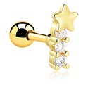 Helix & Tragus, Tragus Piercing with star design and crystal stones, Gold Plated Surgical Steel 316L ,  Gold Plated Brass
