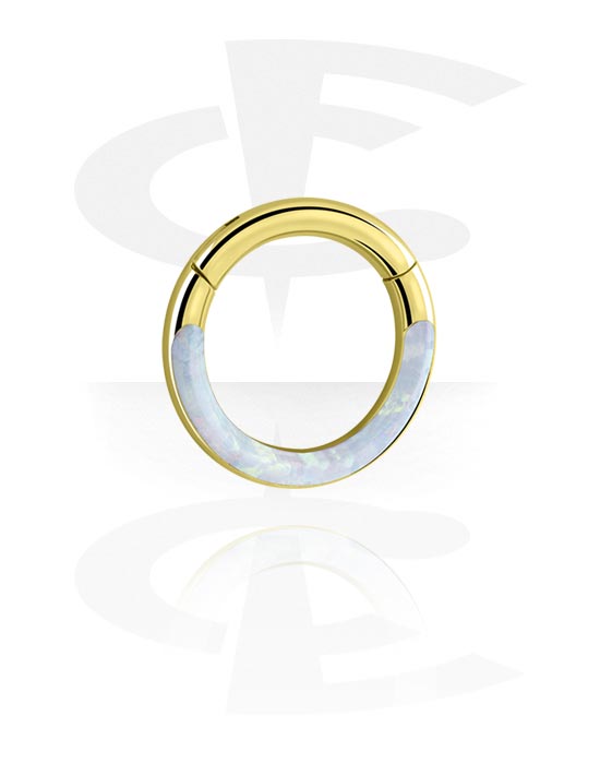 Piercingové kroužky, Piercingový clicker (chirurgická ocel, zlatá, lesklý povrch) s syntetickým opálem, Pozlacená chirurgická ocel 316L