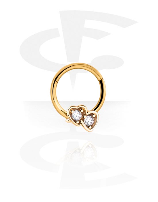 Piercing Rings, Piercing clicker (surgical steel, gold, shiny finish) with heart attachment and crystal stones, Gold Plated Surgical Steel 316L, Gold Plated Brass