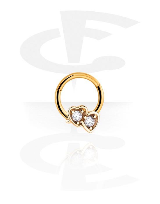 Piercing Rings, Piercing clicker (surgical steel, gold, shiny finish) with heart attachment and crystal stones, Gold Plated Surgical Steel 316L, Gold Plated Brass